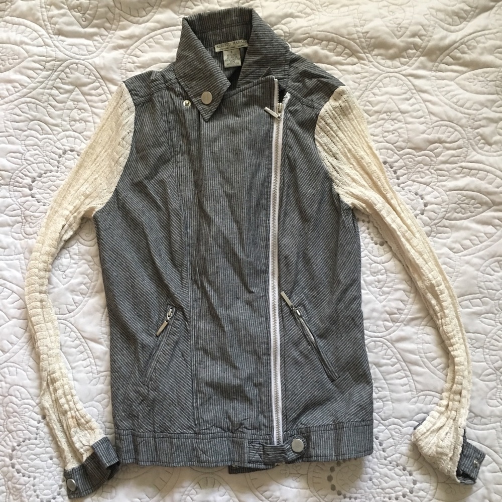Asymmetrical zip lace sleeved, pinstripe moto style jacket